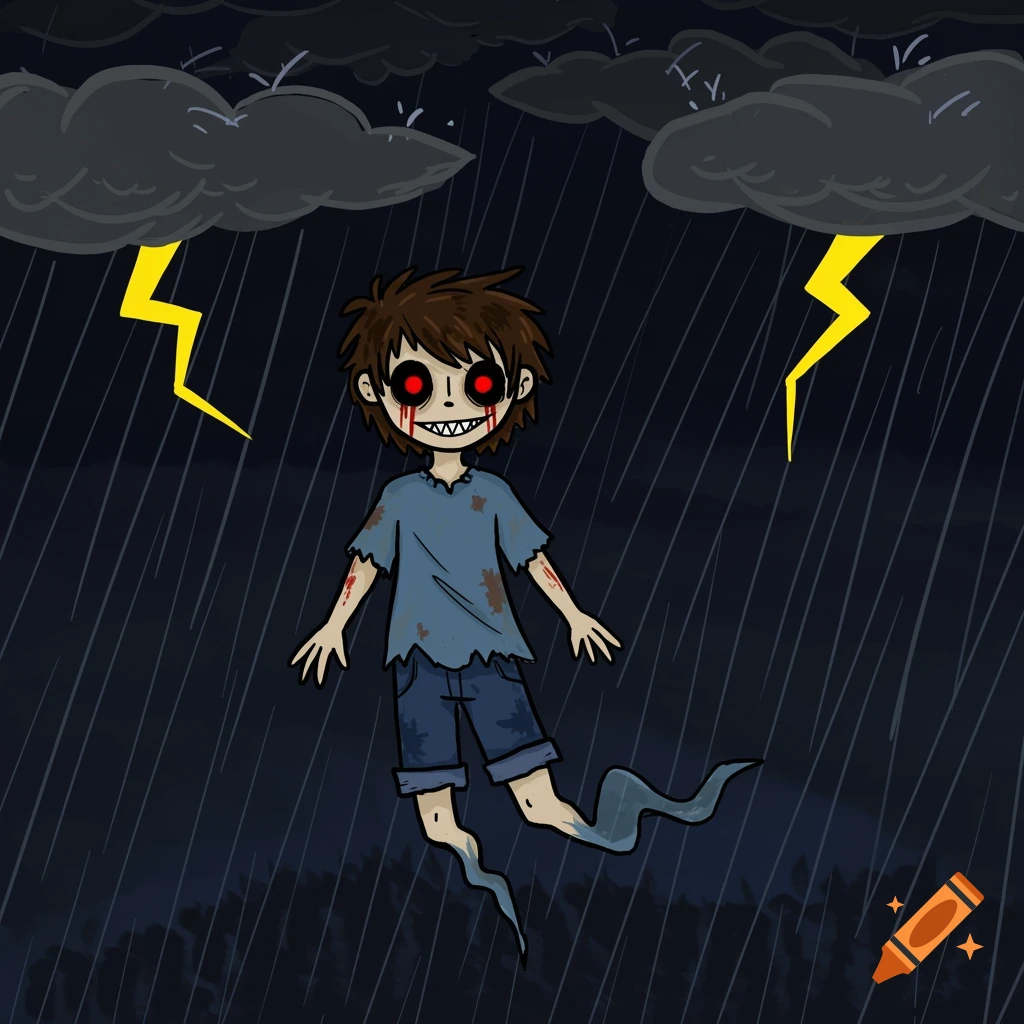 Childlike illustration of a spooky ghost boy floating in a stormy night with rain and lightning.