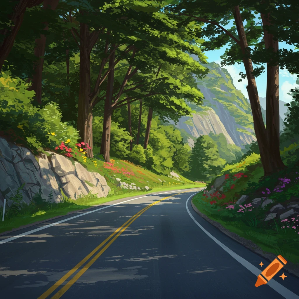 Scenic road winding through a forest with flowers and mountains