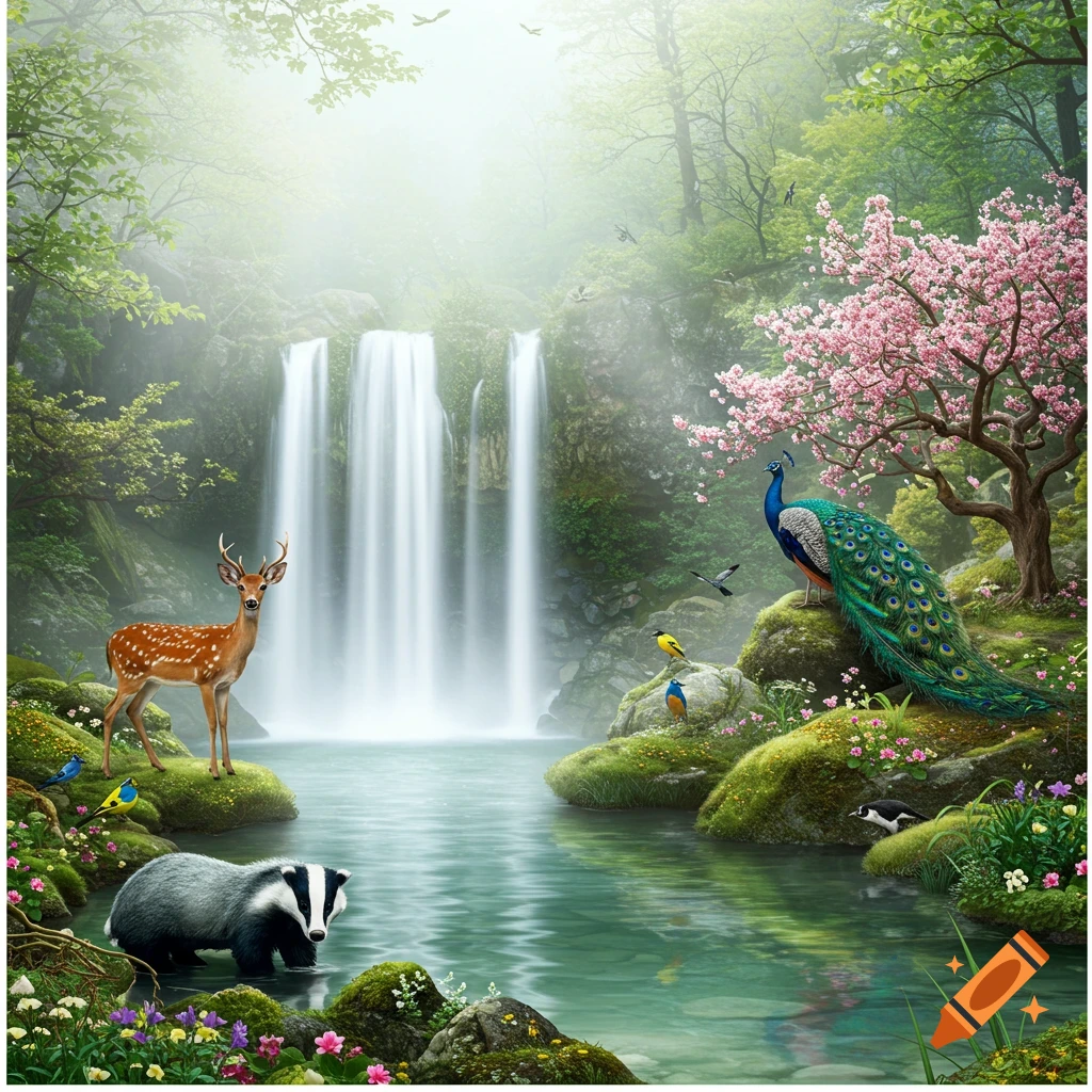 A deer and a badger by a lake with a waterfall and a peacock in a forest setting
