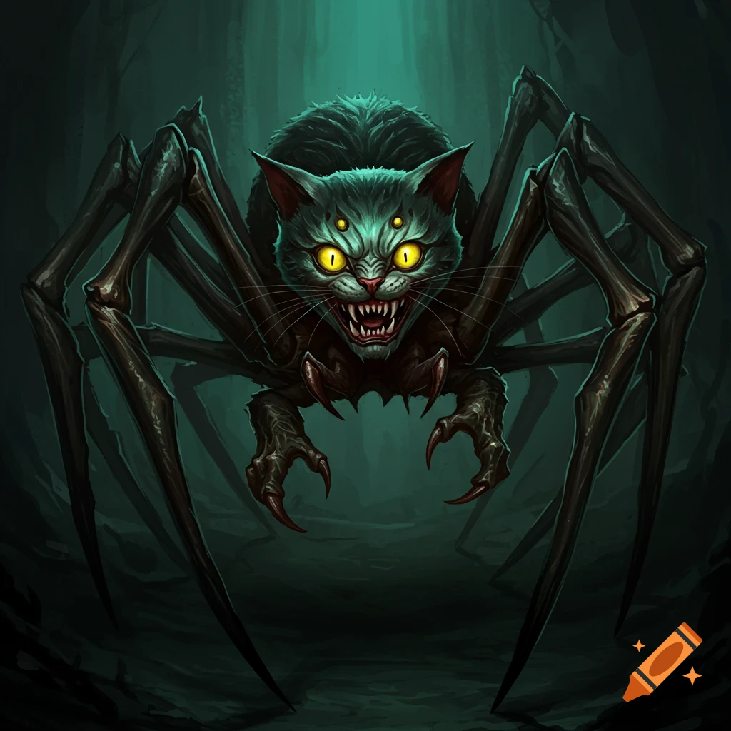 A graphic image of a fearsome cat-spider monster with glowing eyes in a dark forest.