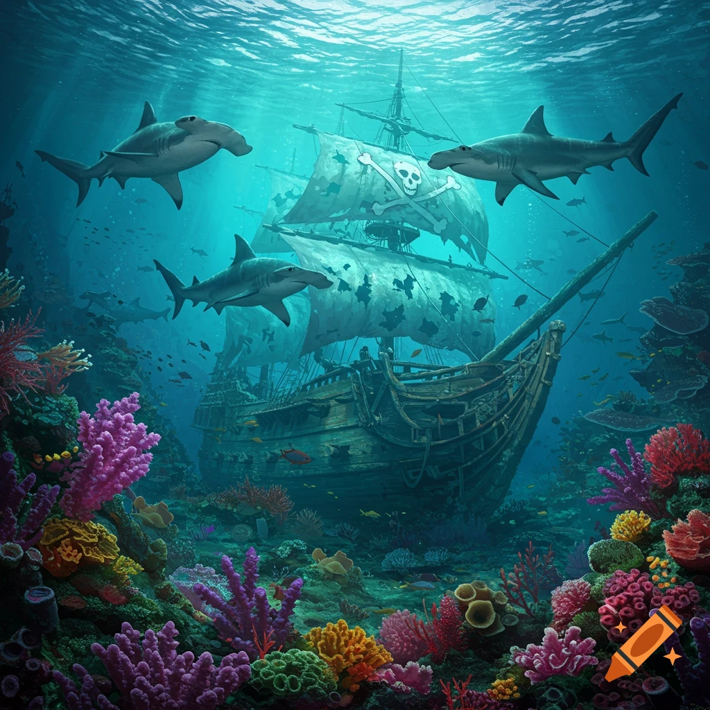 hammerhead sharks swimming around a shipwreck with a pirate flag and colorful coral underwater.