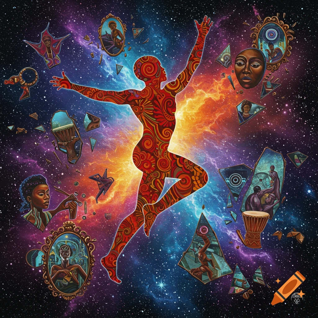 An abstract painting of a patterned figure dancing in a cosmic space surrounded by reflections of faces and objects.