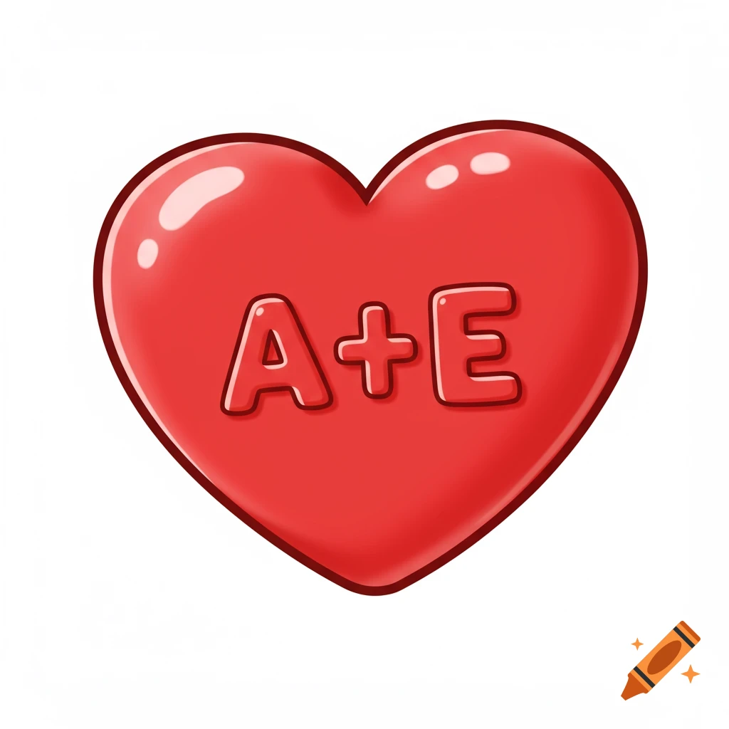 A cartoon red heart with the letters A+E.