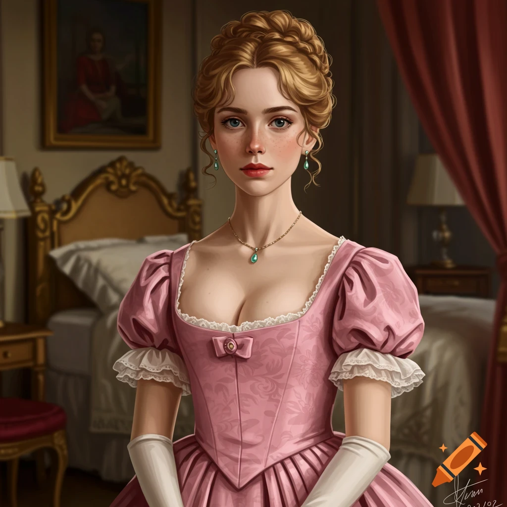 Young woman in a pink 1850s ballgown in an aristocratic bedroom.