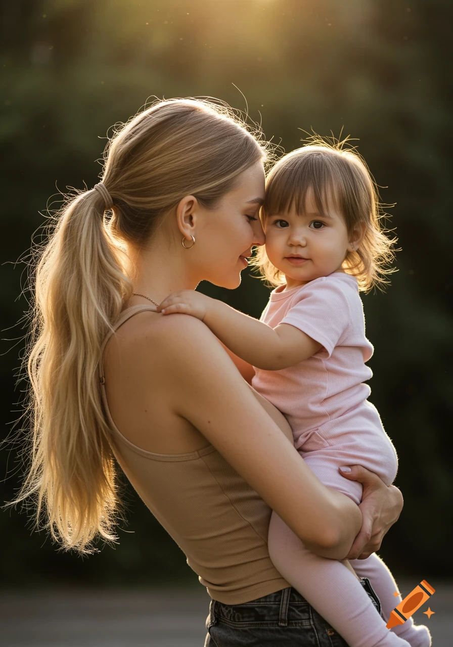 Mother holding her young child in a sunny outdoor portrait.