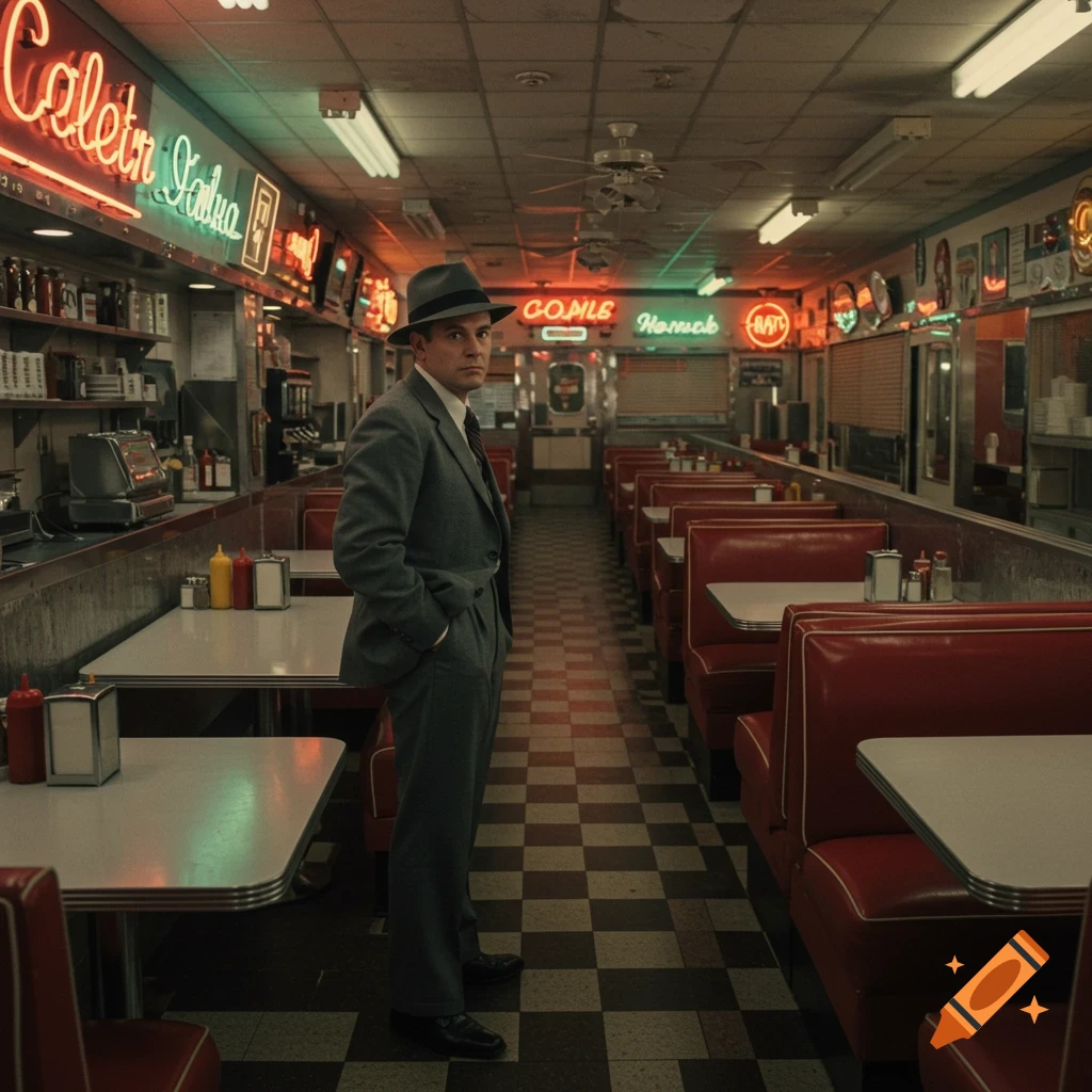 A man in a suit and hat stands in a vintage diner with neon signs.