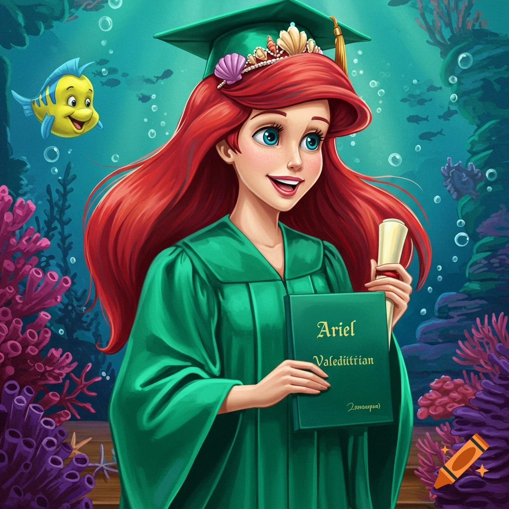 Ariel from Disney's Little Mermaid wearing a green graduation gown and cap  underwater, holding a book and diploma scroll, with Flounder nearby. on  Craiyon