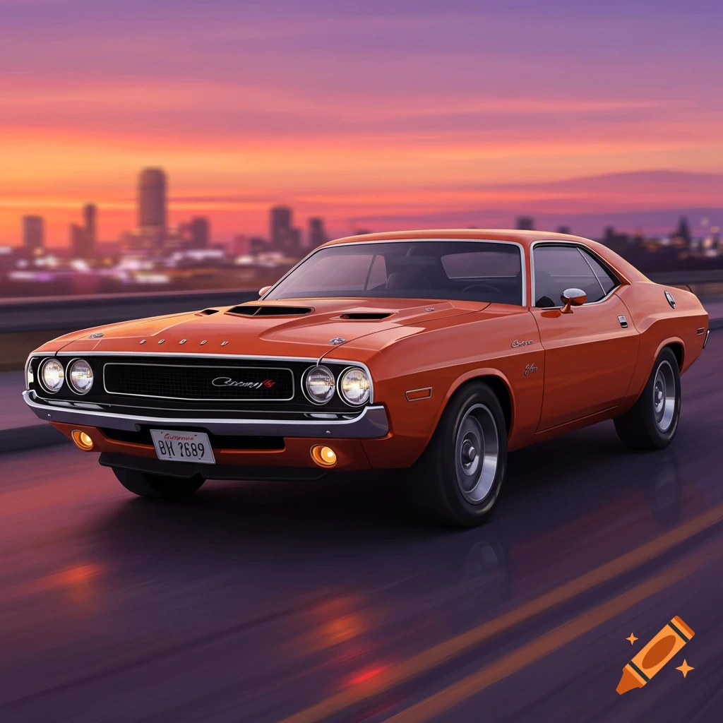Orange classic Dodge Challenger driving on a road with a city skyline at sunset.