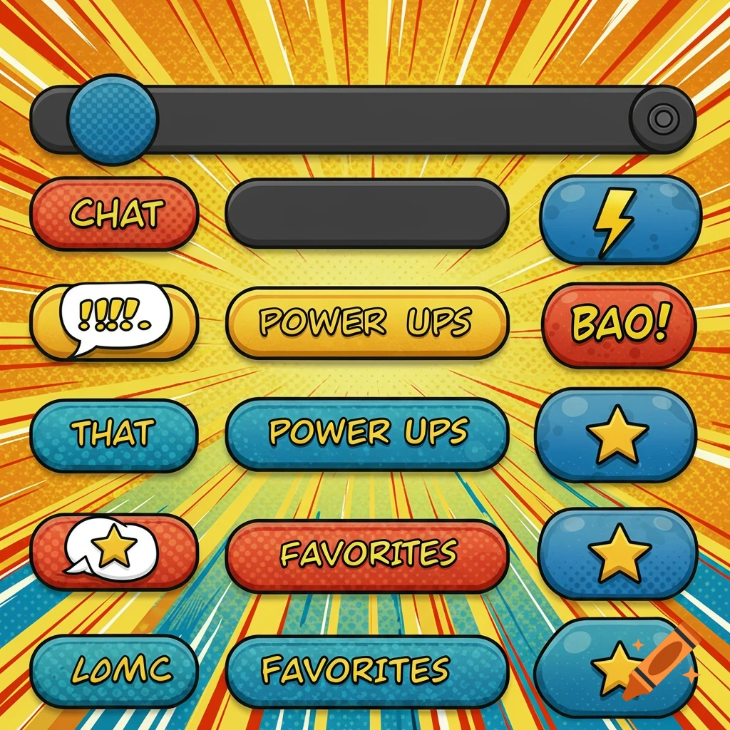 Comic book style UI elements and buttons with text and icons.