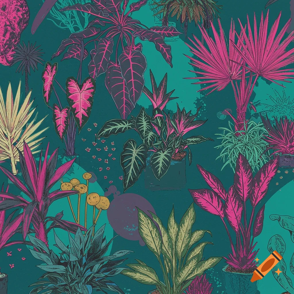 Digital illustration of various plants in vibrant pink, green, yellow, and teal colors.