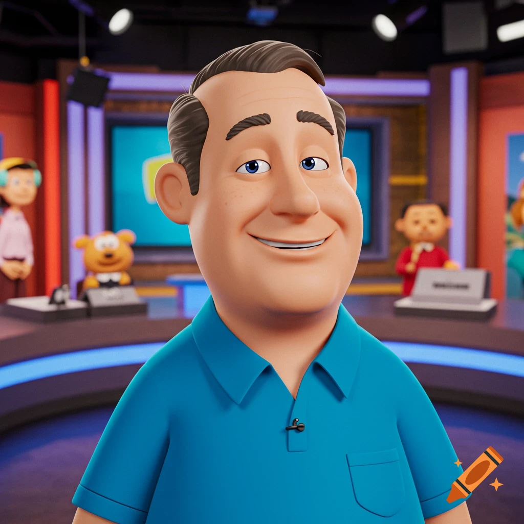 3D cartoon of a man in a blue shirt in a TV studio