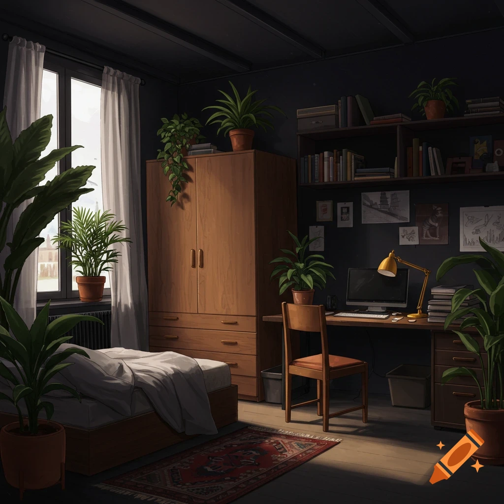 A dark academia style bedroom with a bed, desk, shelves of books, closet, and many plants.