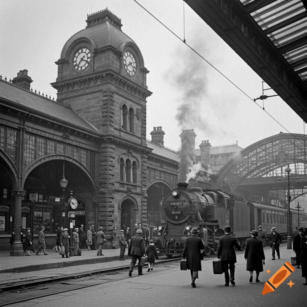 A black and white photo of a steam train at a busy vintage train station platform.