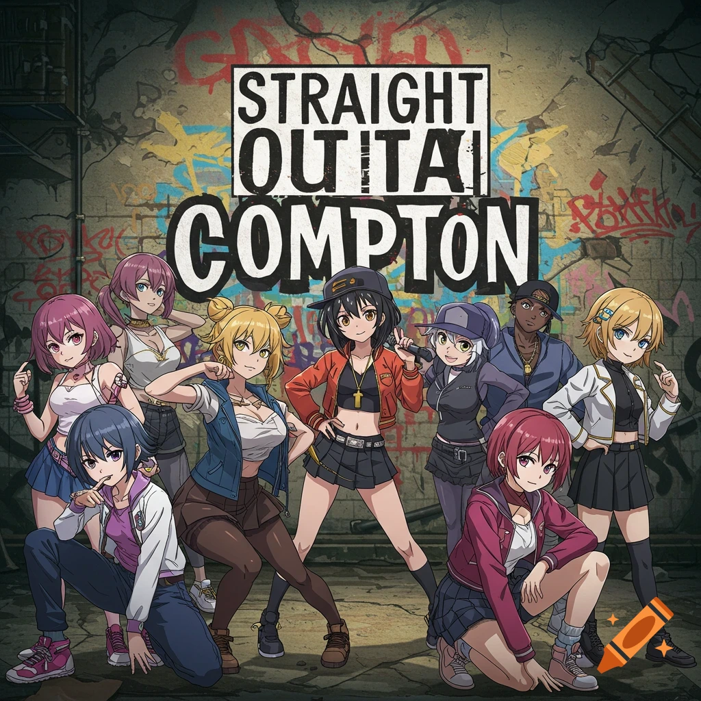 Anime girls pose in front of graffiti wall replicating the Straight Outta Compton album cover.