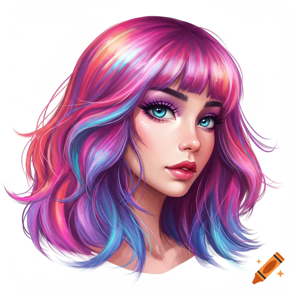 A close-up of a woman's face with vibrant pink, purple, and blue wavy hair and striking blue eyes.