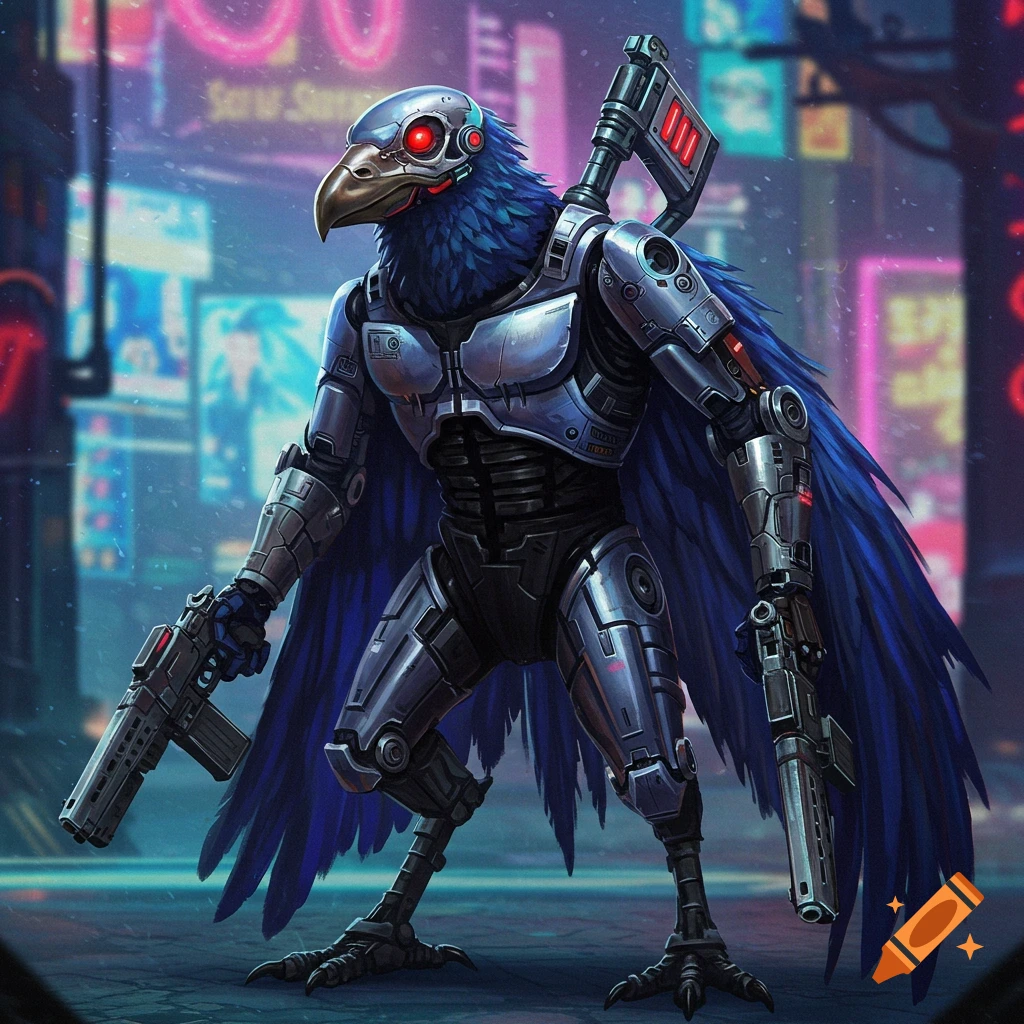 A blue-feathered cyborg bird is shown holding guns in a cyberpunk city.