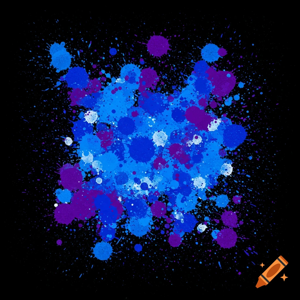 Blue and purple paint splatters on a black background.