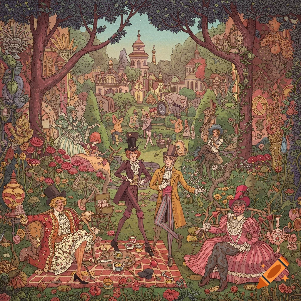 Detailed illustration of dandies in elaborate clothing in a lush, fantastical garden setting.