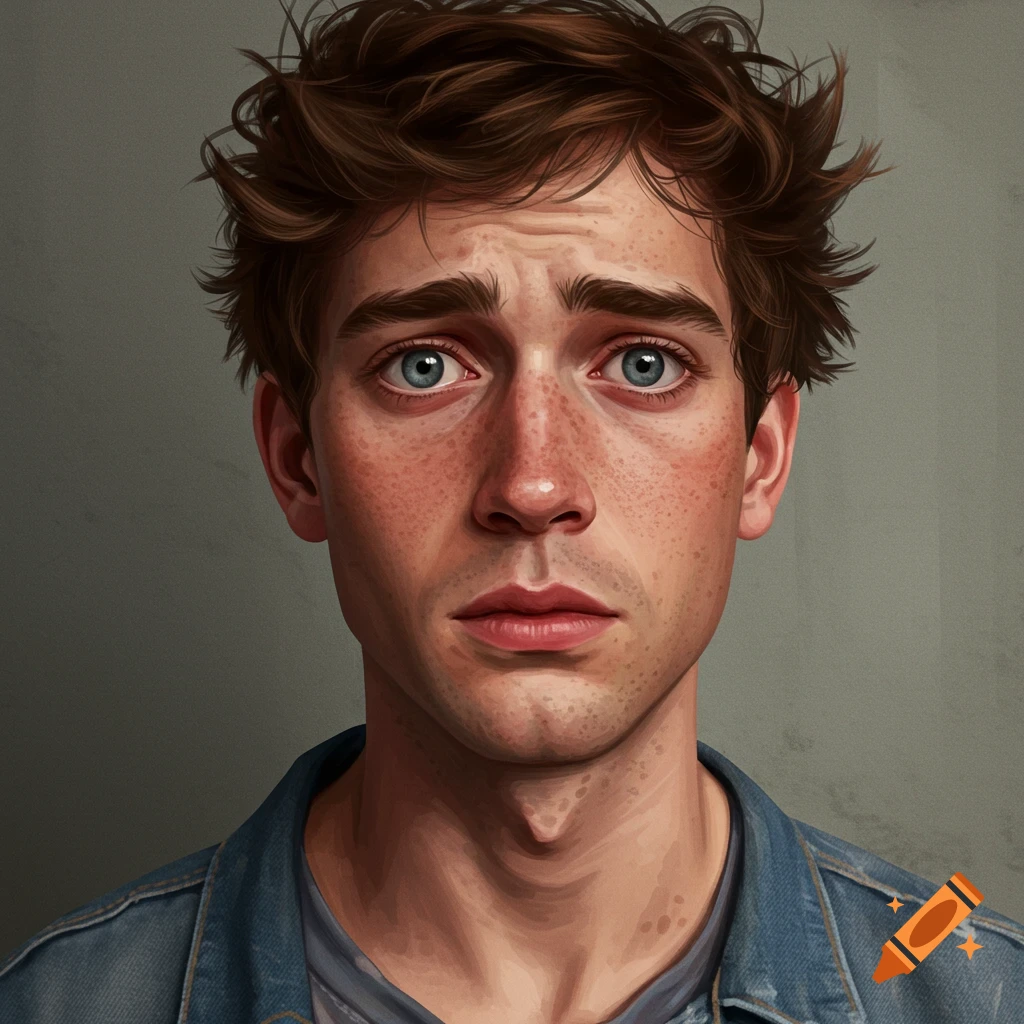 A young man with brown hair and blue eyes looking nervous.