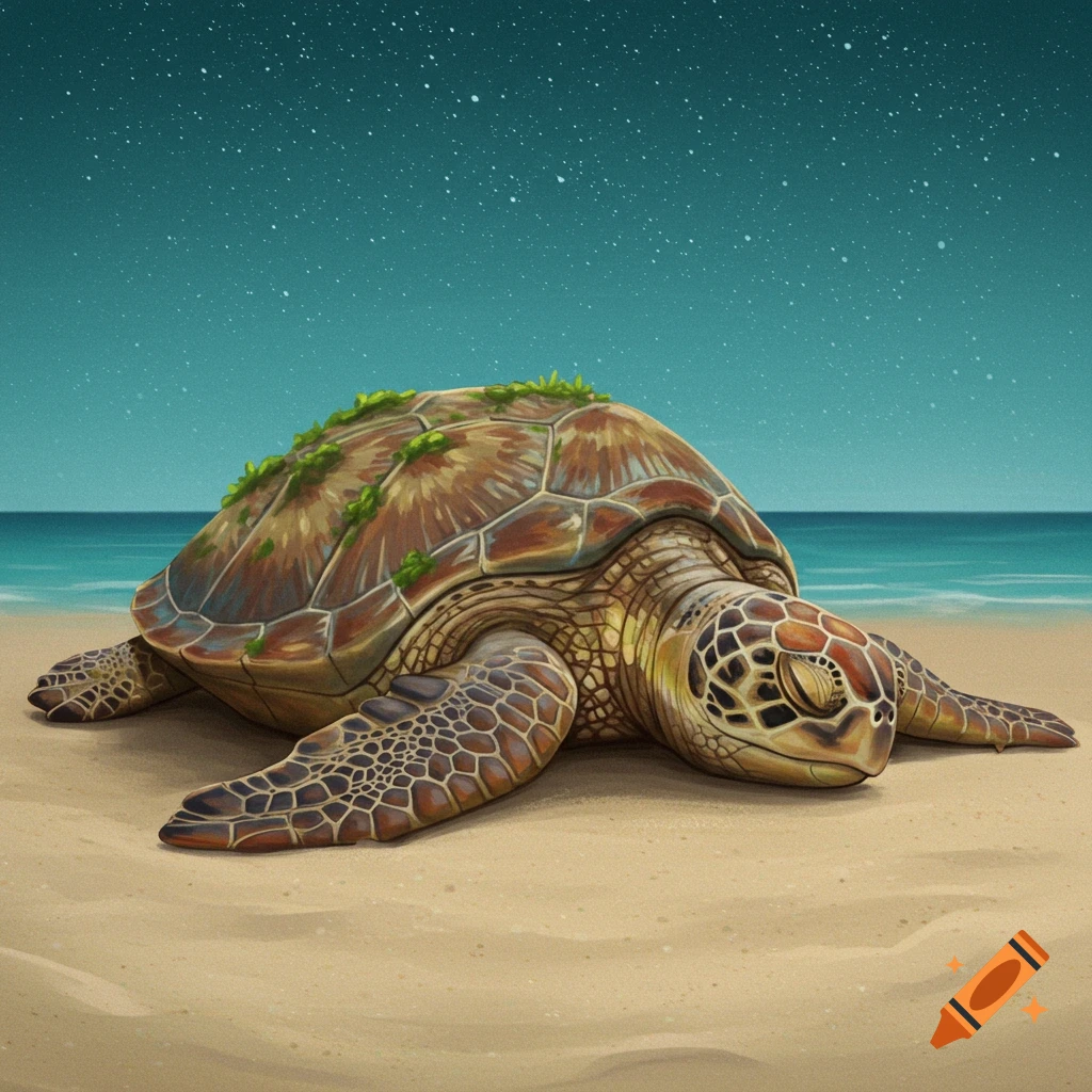 A turtle sleeping on a sandy beach under a starry night sky.