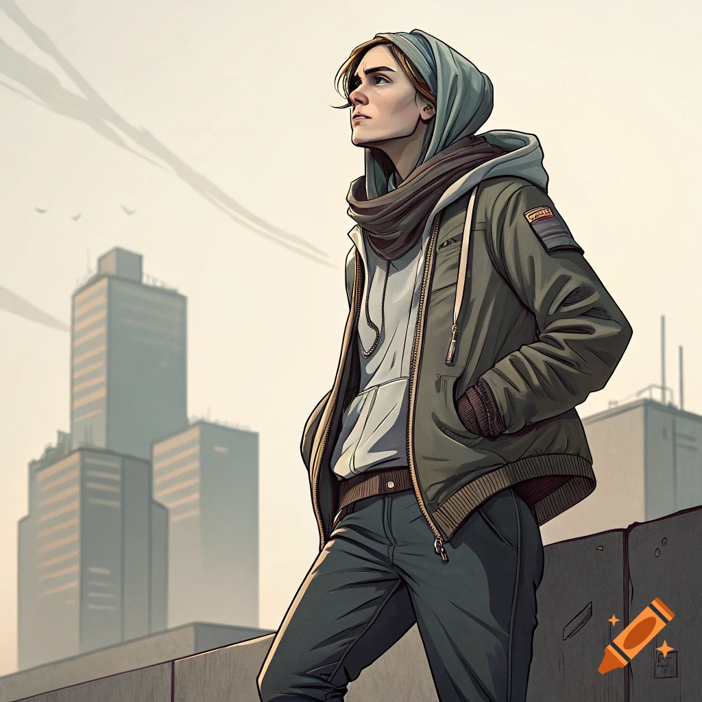 A young woman in a hooded jacket and scarf stands outdoors looking up, with city buildings in the background, in a drawing style.