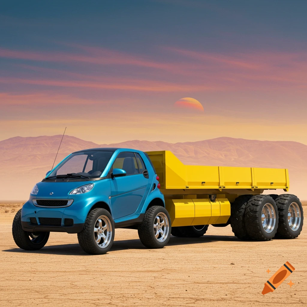 A blue Smart car modified into a dually truck with a yellow bed in a desert landscape.