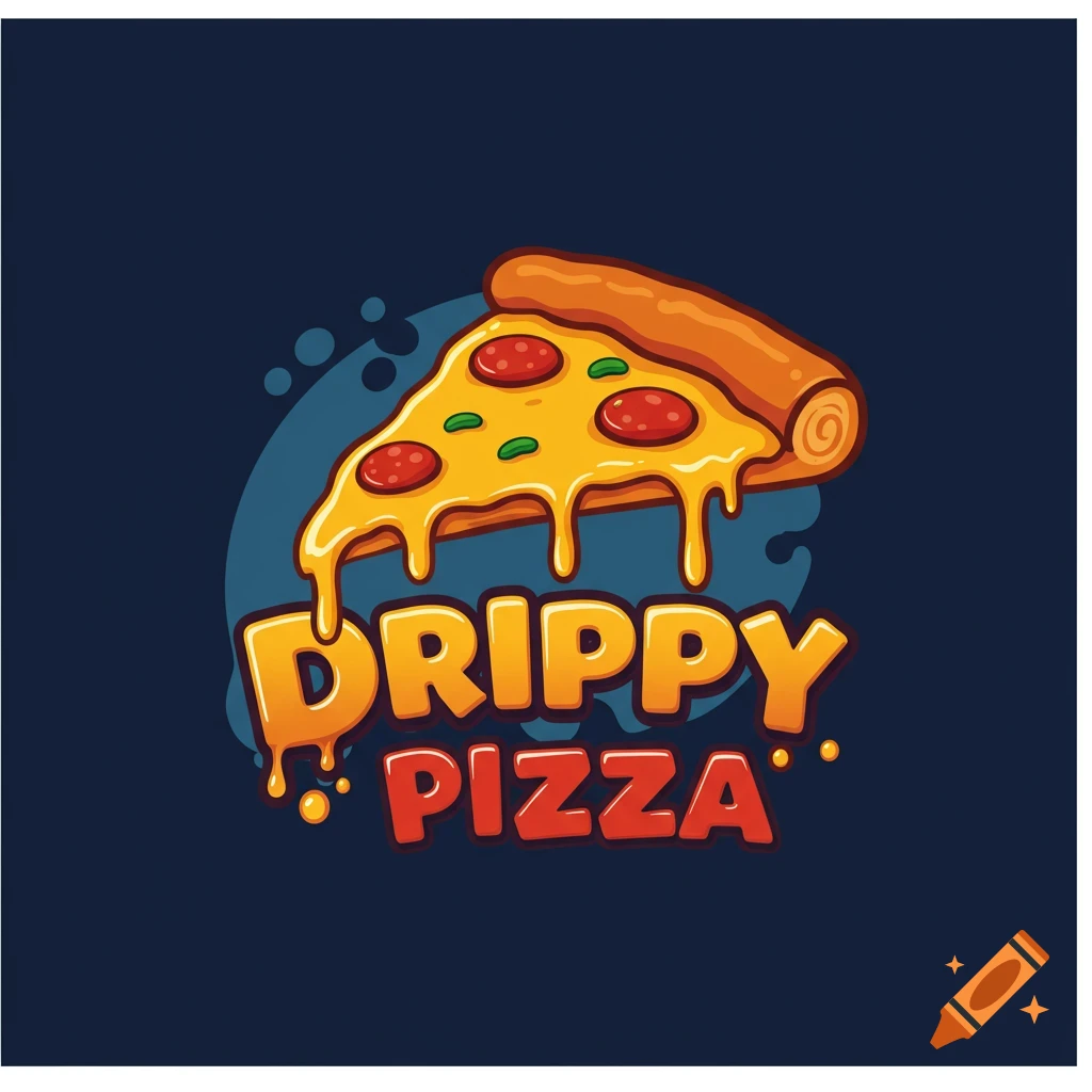 Cartoon logo for Drippy Pizza with a melting pizza slice.