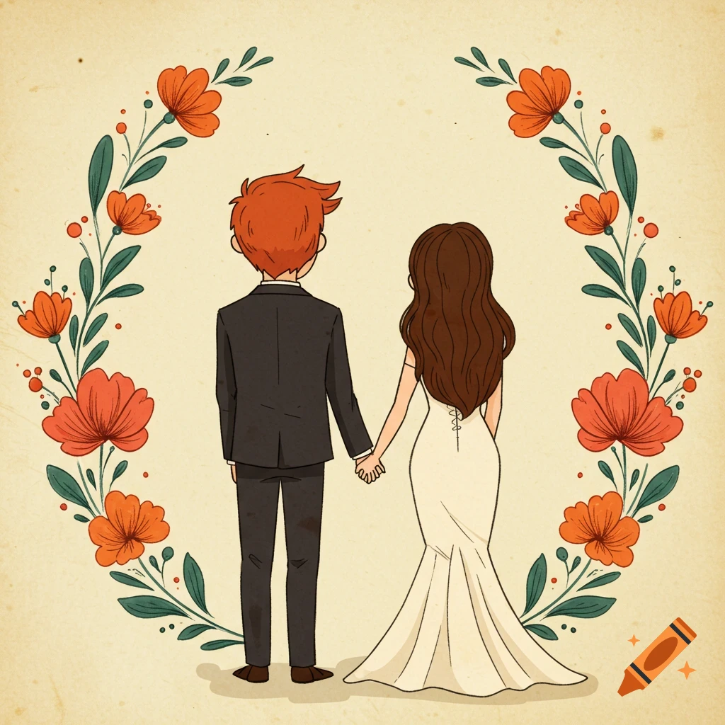 Cartoon illustration of a couple from behind, holding hands inside a floral wreath. Man in suit has red hair, woman in wedding dress has brown hair.