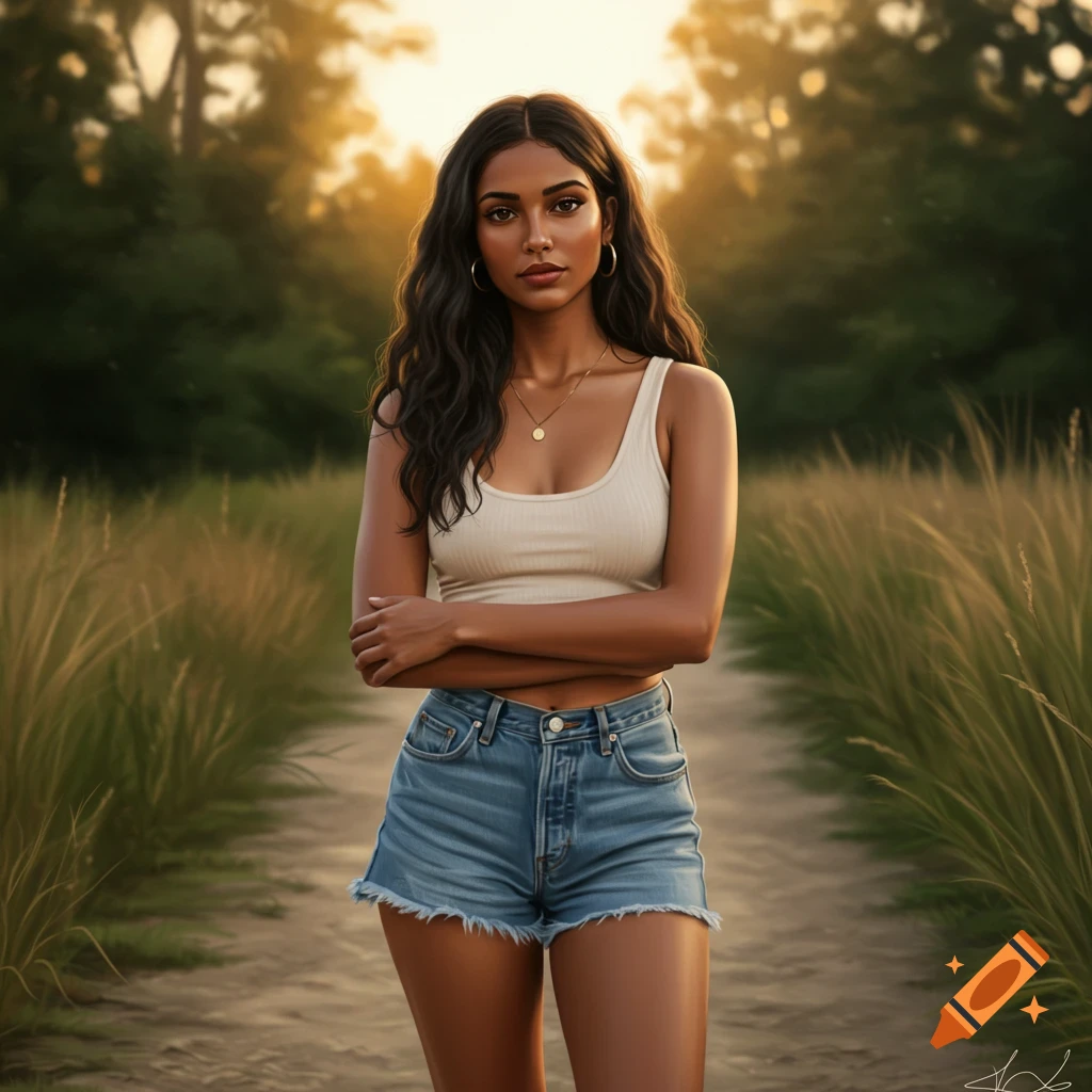 A woman stands on a dirt path in a field at sunset.