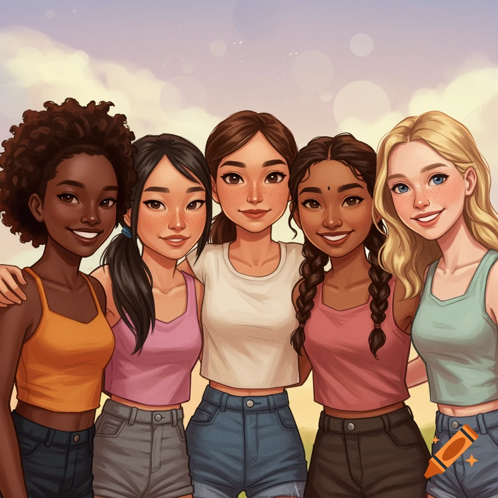 Digital illustration of five diverse young women smiling and posing together against a pastel sky.