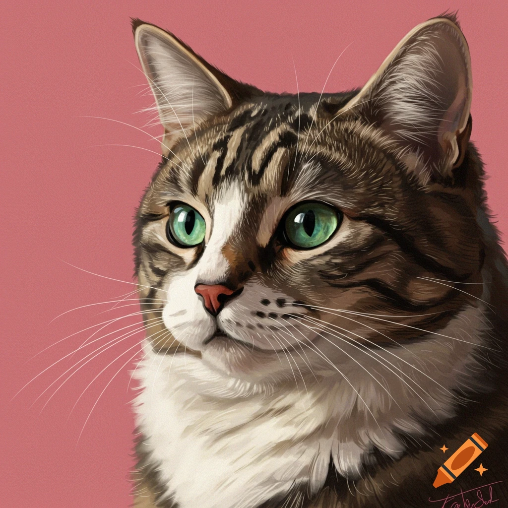 A tabby cat with green eyes.