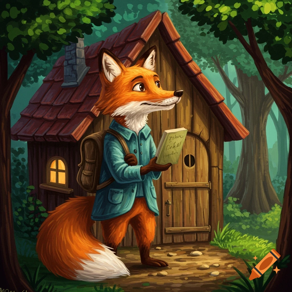 An illustration of an anthropomorphic fox with a backpack reading a book in front of a small house in the woods.
