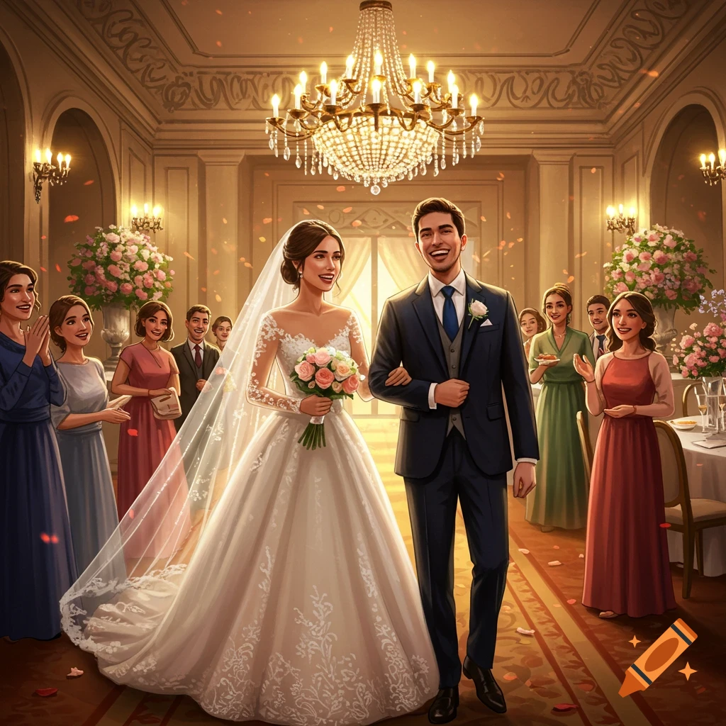 A wedding couple walks down the aisle with guests