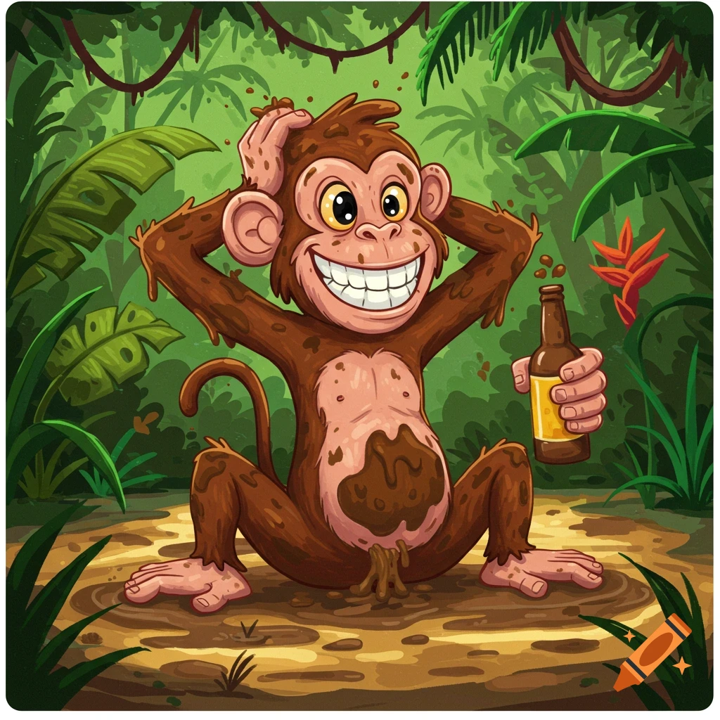 A cartoon monkey covered in mud sits in a jungle clearing, holding a beer and grinning.