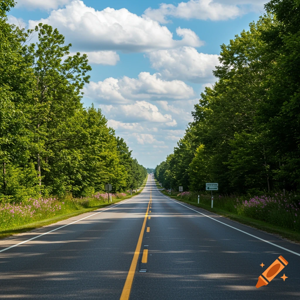 A long straight road disappears into the distance, lined by tall green trees under a blue sky with white clouds.