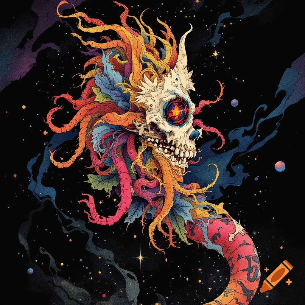 Stylized skull creature with tentacles and a segmented tail in space, vibrant digital illustration.