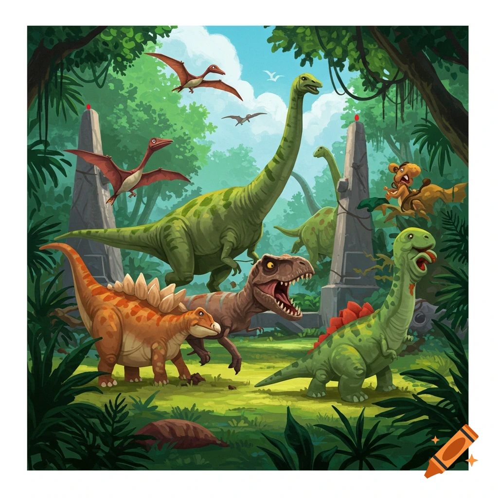Cartoon dinosaurs in a jungle with stone pillars