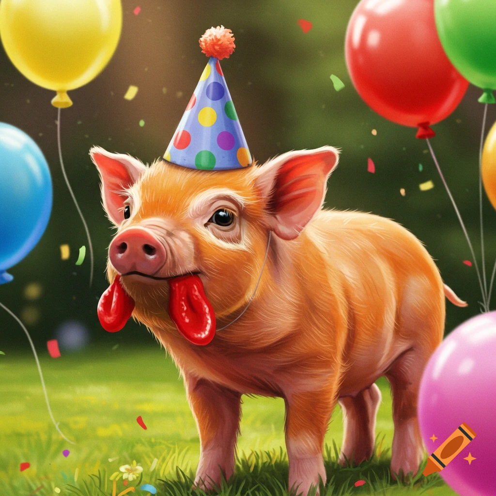 A semi-realistic juvenile pig wearing a party hat, surrounded by balloons and confetti on grass.