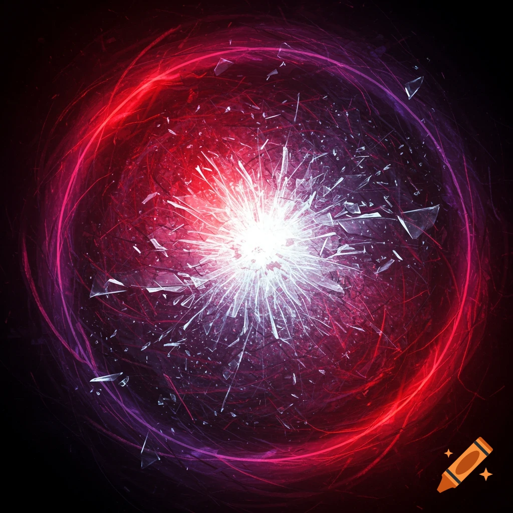 Abstract image of a red and purple energy explosion with bright white light and fragments.