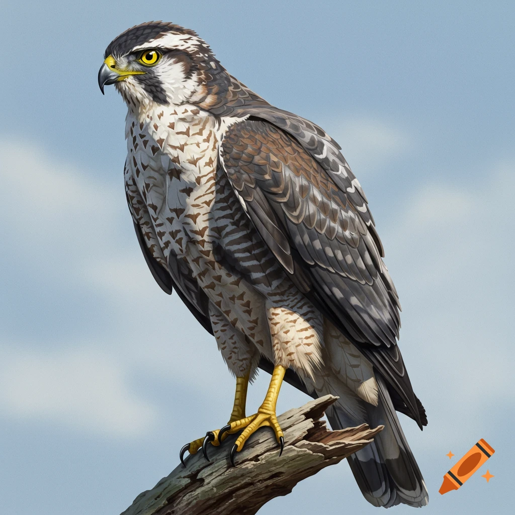 A hawk perched on a branch against a cloudy sky.