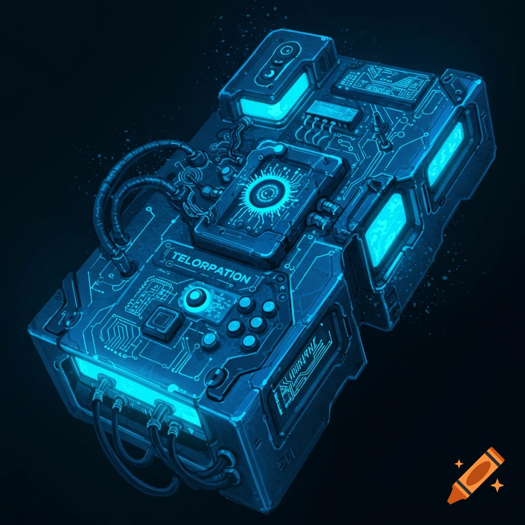 A complex, glowing blue sci-fi device with circuits and screens.