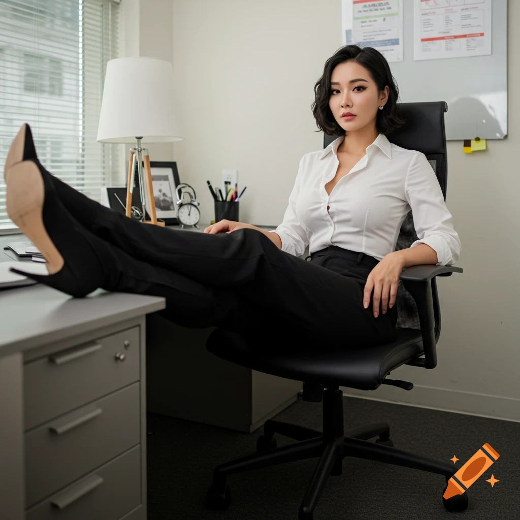 A woman sits in an office chair with her feet up on her desk.
