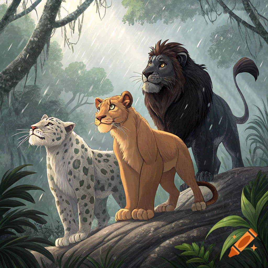 Animated illustration of a snow leopard, lioness, and dark-maned lion on a log in a rainy rainforest.