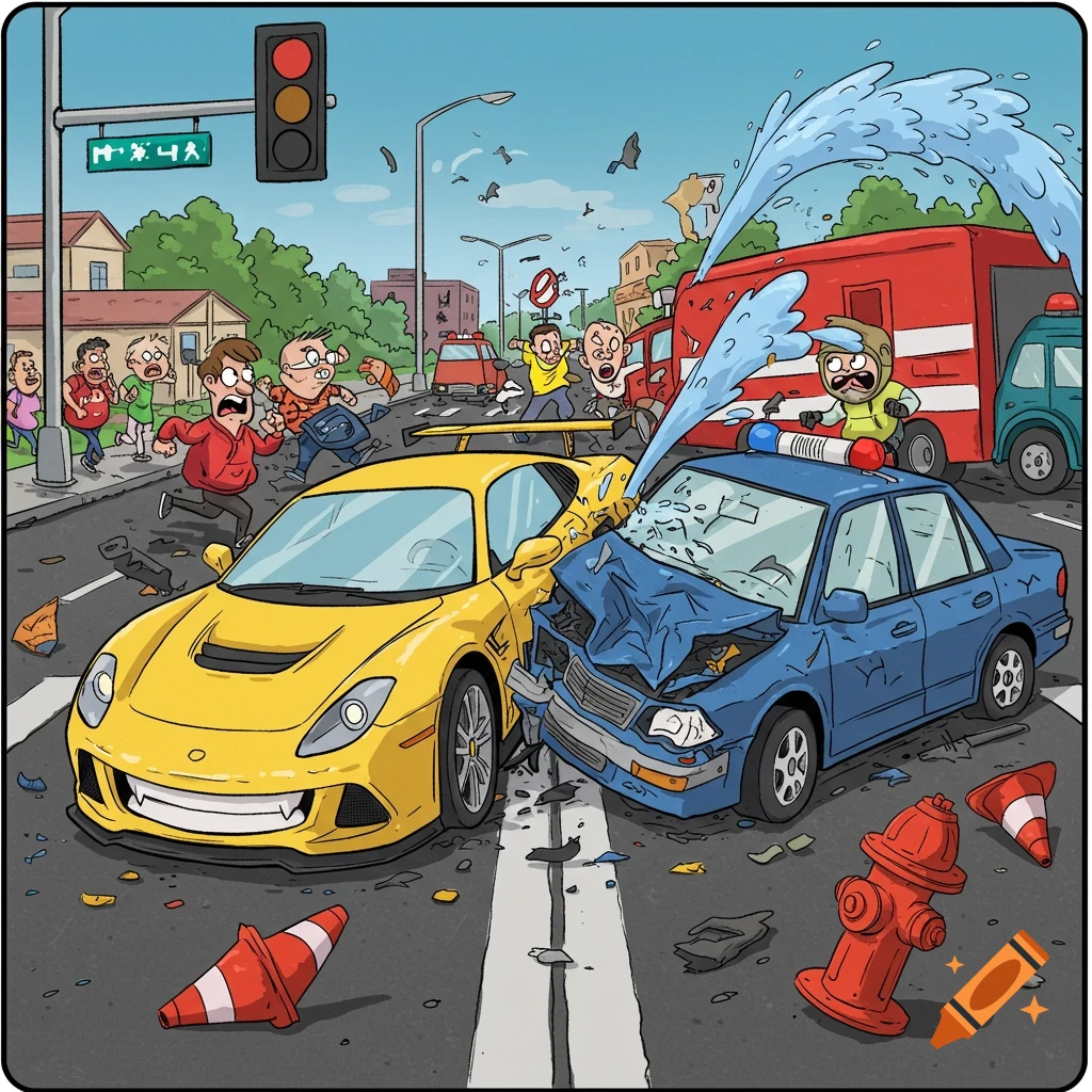 Cartoon of a street car accident with damaged cars and onlookers.