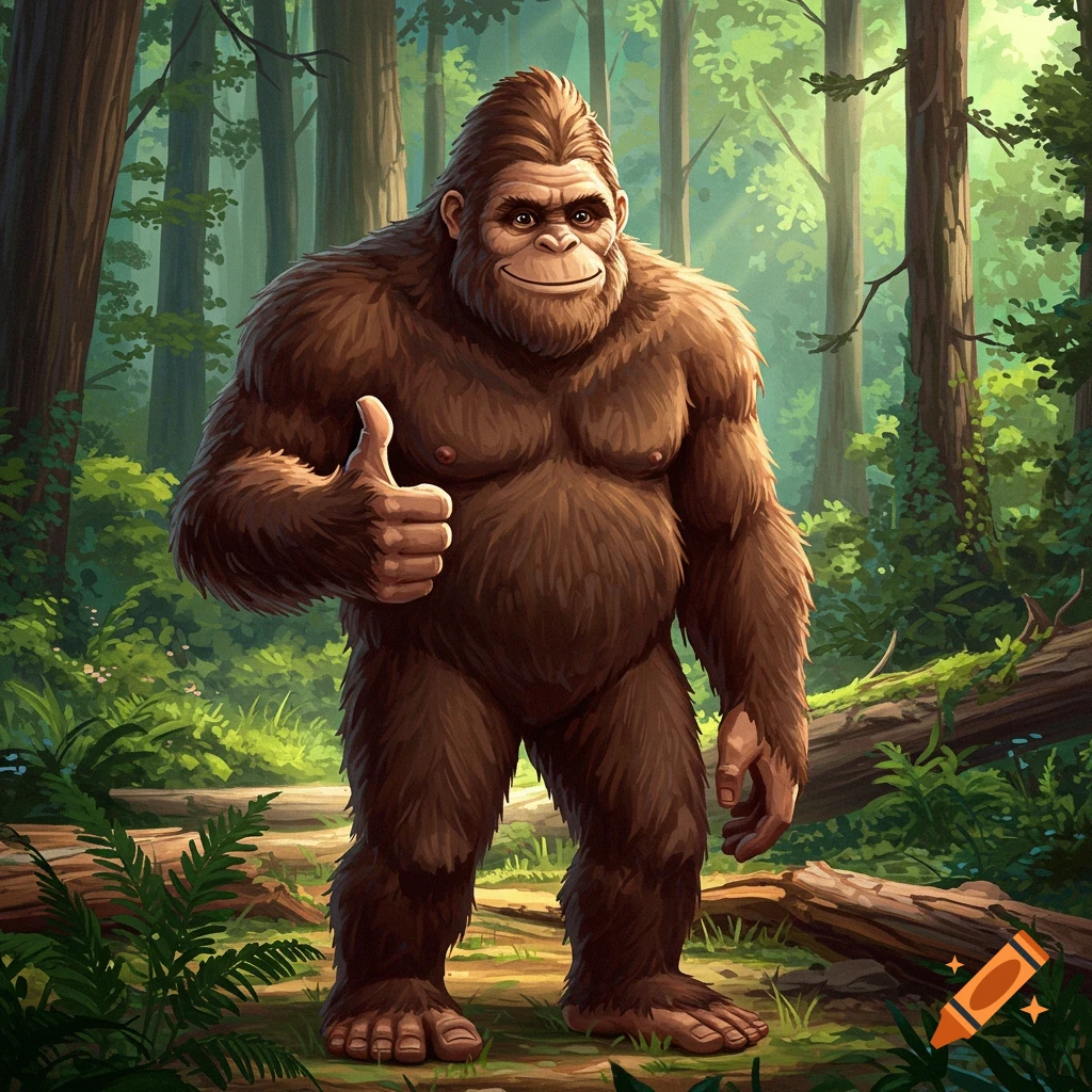 Bigfoot giving a thumbs-up in a forest.