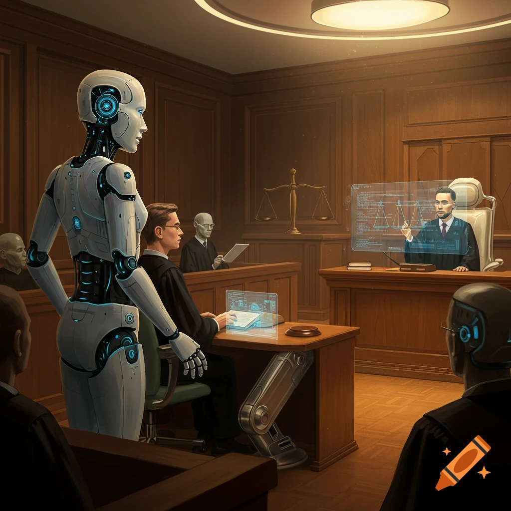 A robot stands in a courtroom with humans and holographic displays.