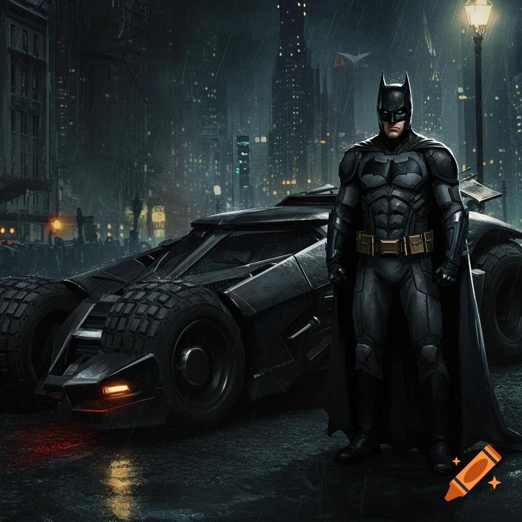 Batman stands beside the Batmobile in a rainy city street.