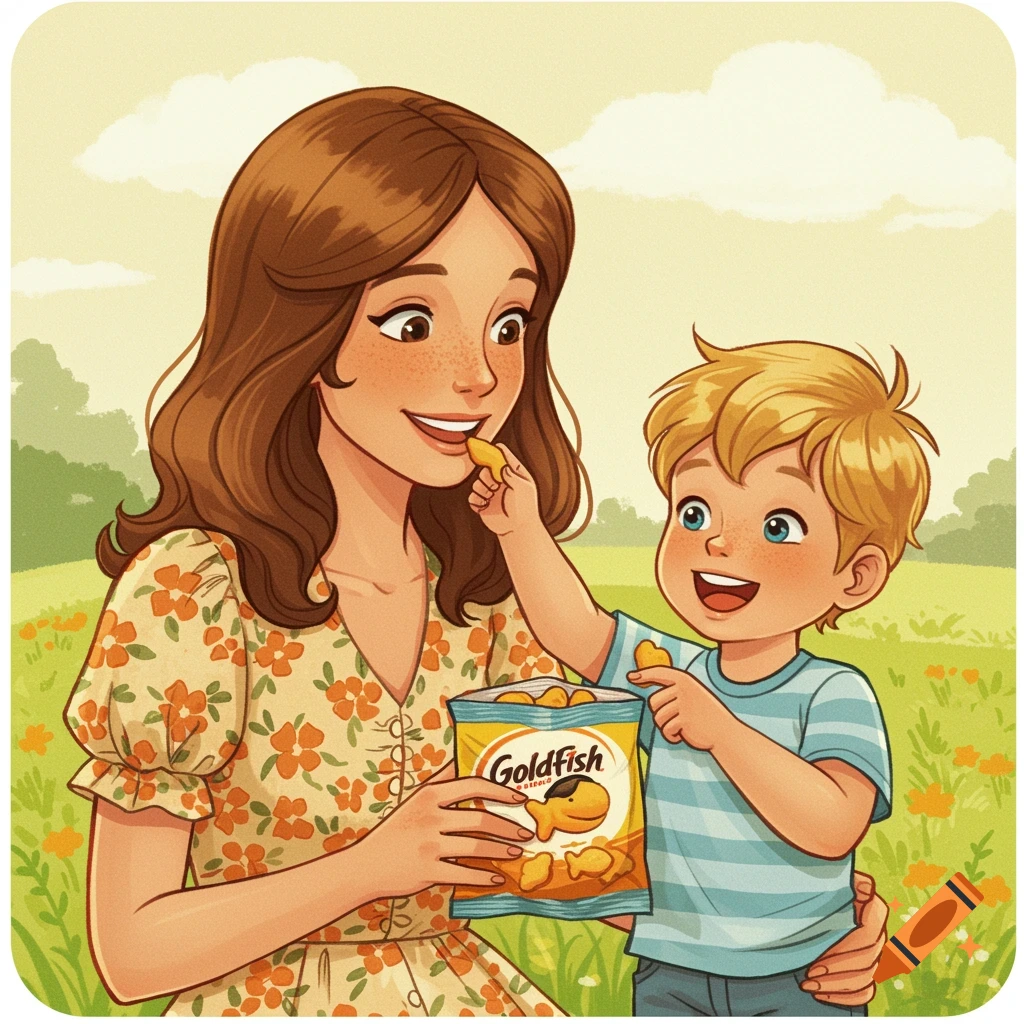 70s illustration of a mother and son sharing a bag of Goldfish crackers in a meadow.
