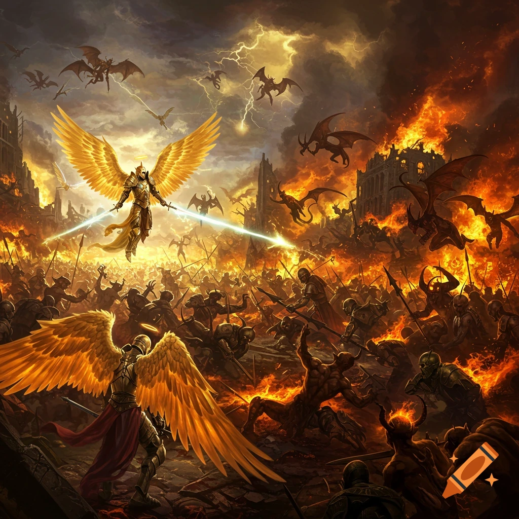 A war between angels and demons fighting amidst a ruined, fiery city.