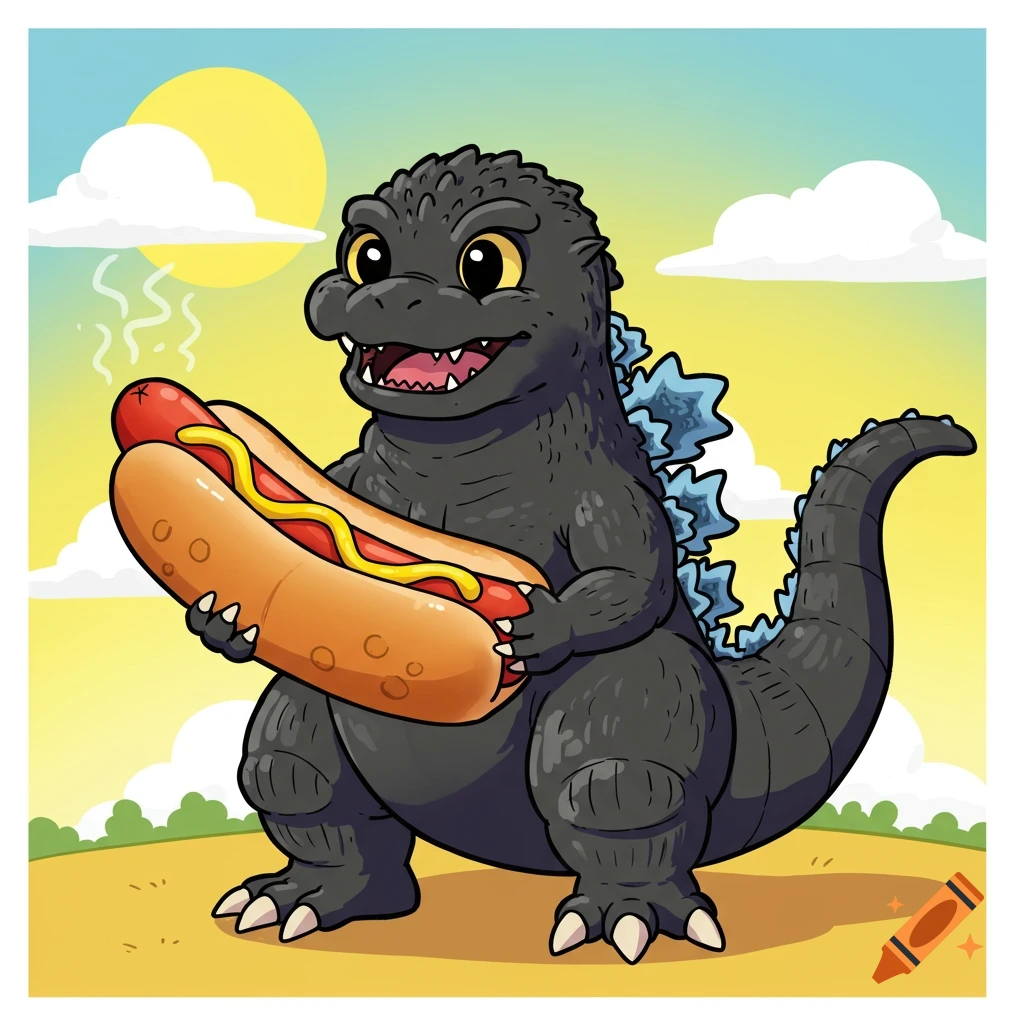 Cute cartoon Godzilla holds a massive hot dog outdoors.